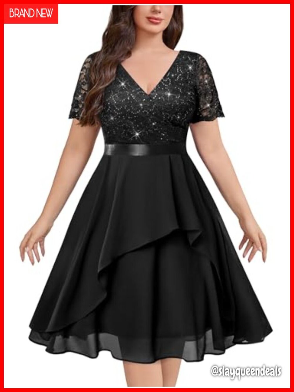 Plus Size Sequin Lace V-Neck Midi Cocktail Dress Wedding Guest